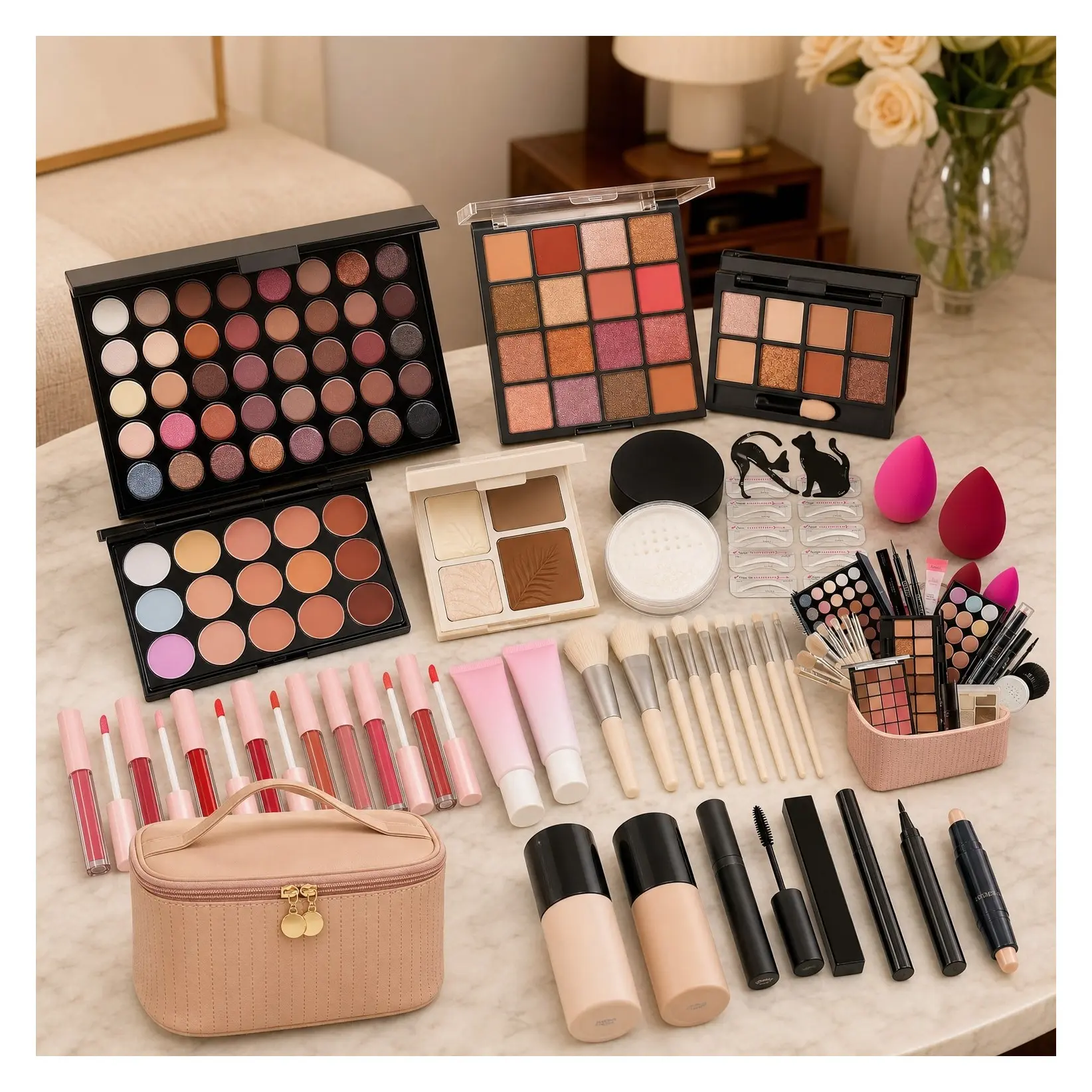 All-in-One Makeup Kit for Women & Teens - Complete Cosmetic Gift Set with Eyeshadow Palette, Foundation, Eyeliner, Contour Stick, Lip Gloss & Makeup Brushes, Perfect for Daily UseGift