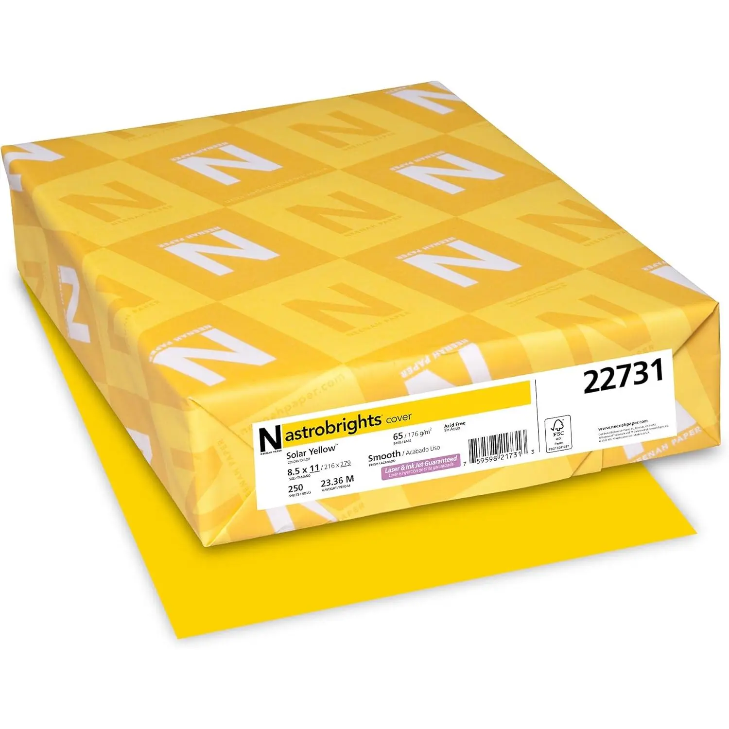 Color Cardstock, 65 lb Cover Weight, 8.5 x 11, Solar Yellow, 250/Pack