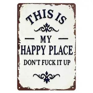 Funny Sarcastic This Is My Happy Place Metal Wall Plaque 8"×12", Retro Distressed Aluminum Sign Novelty Gag Gift for Men Dad Husband Basement Bedroom Bar Decor backyard