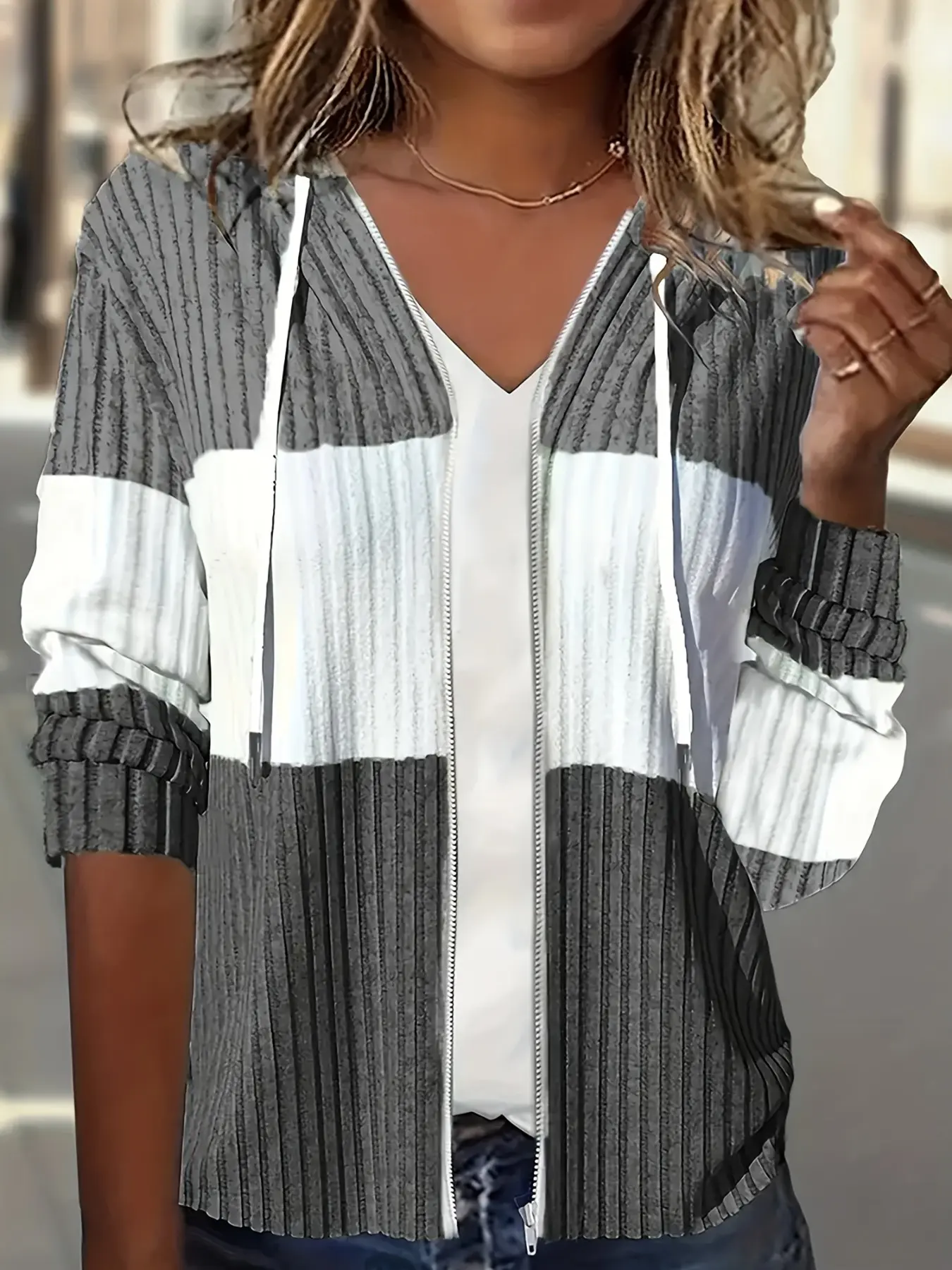 Colorblock Drawstring Zipper Hooded Jacket for Women, Casual Style, Perfect for Daily Wear, Comfortable and Stylish Outerwear