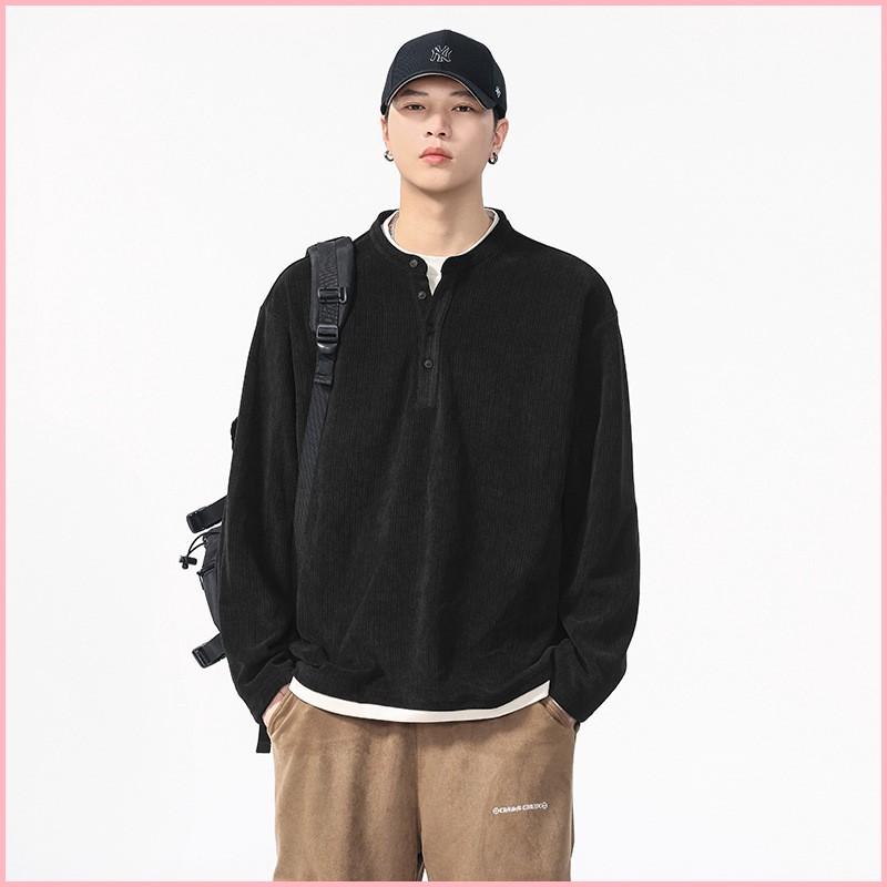 Autumn And Winter New Versatile Casual Fake 2 Pieces Handsome Trendy High Street Henley Collar Long-sleeved T-shirt For Men