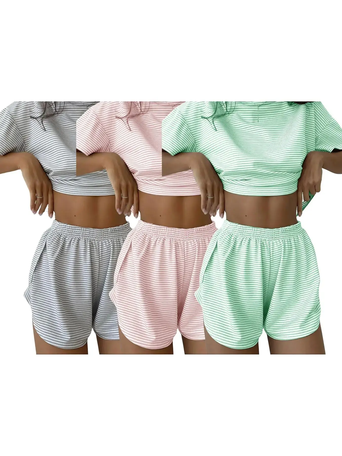 2 Piece Set Halloween Striped Casual Loose Fit Knit Short Sleeve Top and Shorts, Elastic Waist, All Seasons Women's Home Wear
