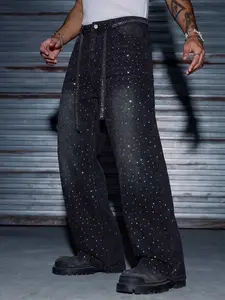 Men's Y2K trendy street sparkling diamond denim jeans, full version sparkling hot stamping design, loose baggy Oversized floor length wide leg pants, street hip-hop streetwear and cool pants, menswear