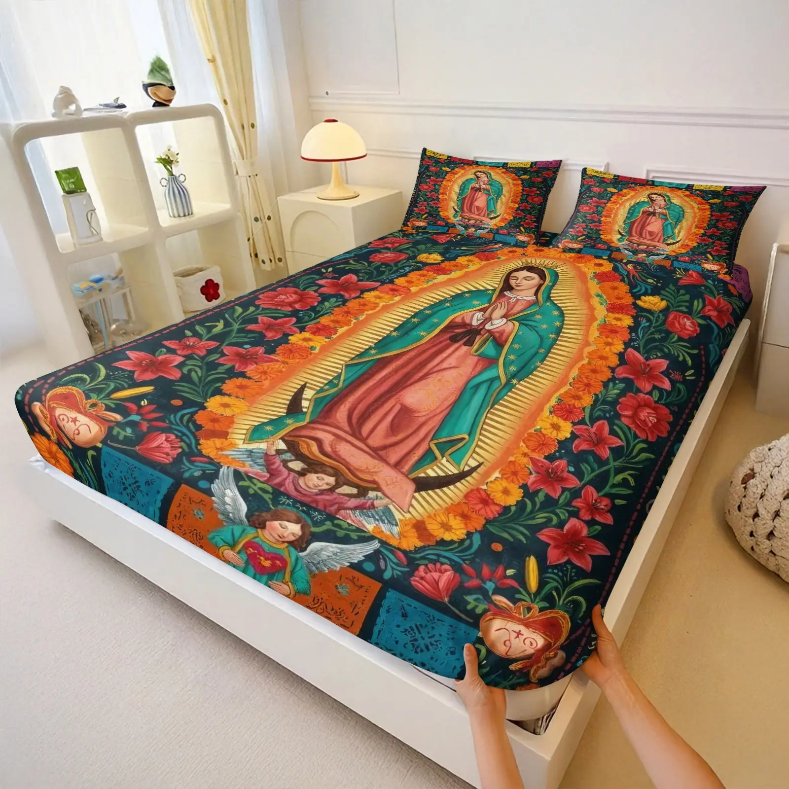 Dark Our Lady of Guadalupe Floral 3pcs Fitted Sheet Set, Mexican Virgin Mary Deep Pocket Bed Sheet, Soft Microfiber Bedding