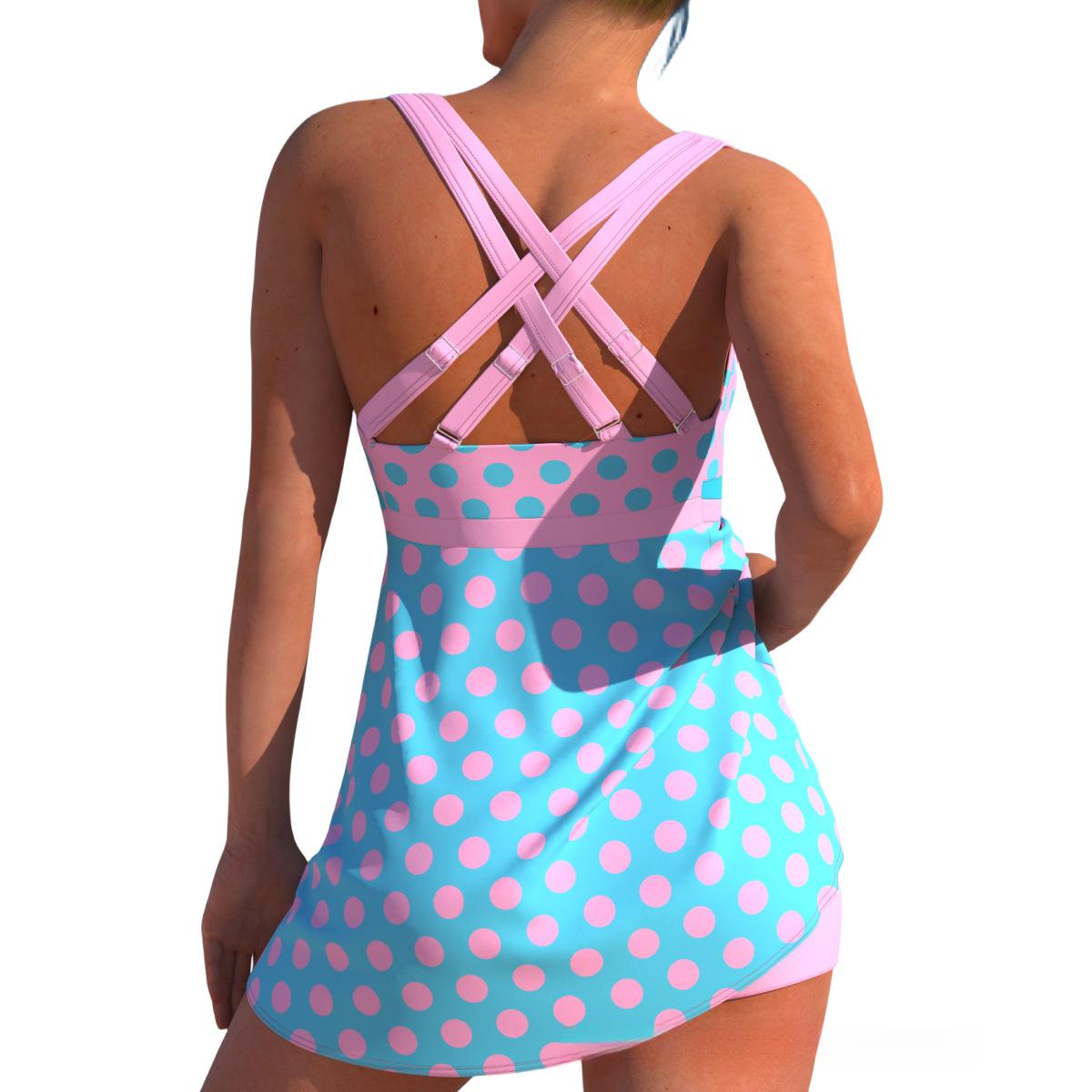 Women's Floral Print Two Piece Tankini Set, Blue Tropical Swimdress with Polka Dot Straps, Modest Tummy Control Bathing Suit with Boyshorts, Plus Size Swimwear, Flattering Beachwear for Summer Vacation & Pool Party