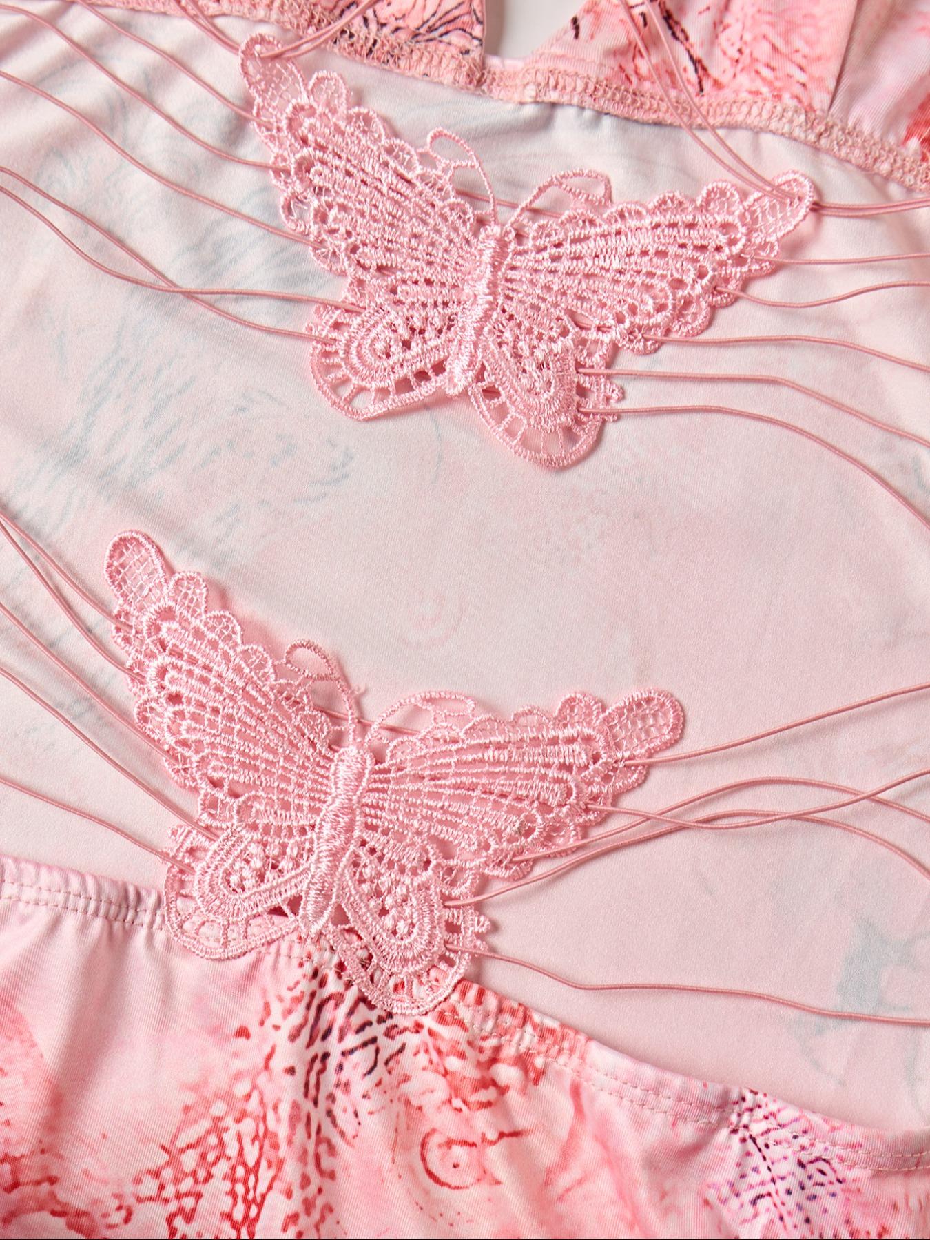 Women's All Over Print Criss Corss Butterfly Decor Backless Cami Dress, Sexy Fashion Sleeveless Spaghetti Strap Mini Dress for Beach Club Party, Butterfly Dress for All Seasons Butterfly Dress