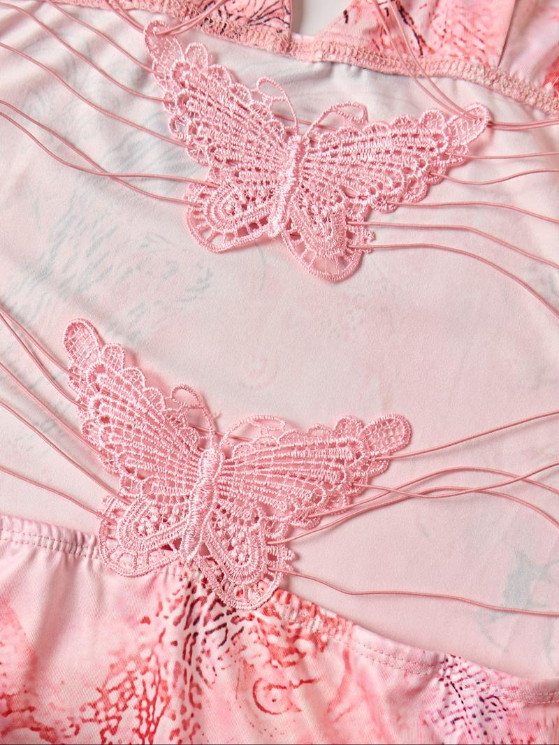 Women's All Over Print Criss Corss Butterfly Decor Backless Cami Dress, Sexy Fashion Sleeveless Spaghetti Strap Mini Dress for Beach Club Party, Butterfly Dress for All Seasons Butterfly Dress