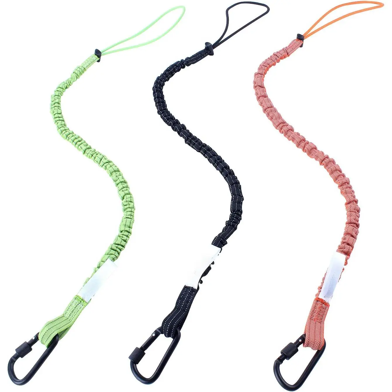 3 Pack Retractable Tool Lanyard Safety Gear, Aluminum Screw Lock Carabiner Clips, Adjustable Loop End Tough Scaffold Tether for Construction Roofing (Black+Orange+Green)