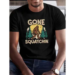 Plus Size Men's Summer T-shirt, Sasquatch T Shirt Gone Squatchin Graphic Print Short Sleeve Tees, Trendy Casual Tops For Daily Life, Big & Tall
