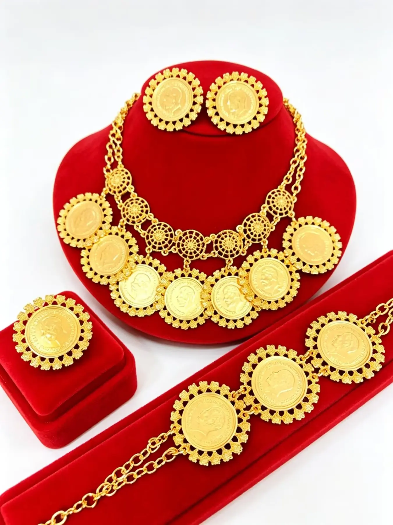 Fashion Women's Portrait Coin Pendant Jewelry Set, Necklace Earrings Ring Bracelet, Wedding Party Gift