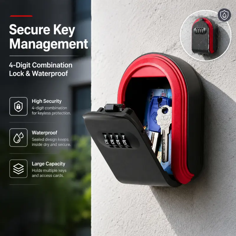 Waterproof Key Lock Box with 4-Digit Combination - Secure Wall-Mounted Key Access Storage for Outdoor & Home Use