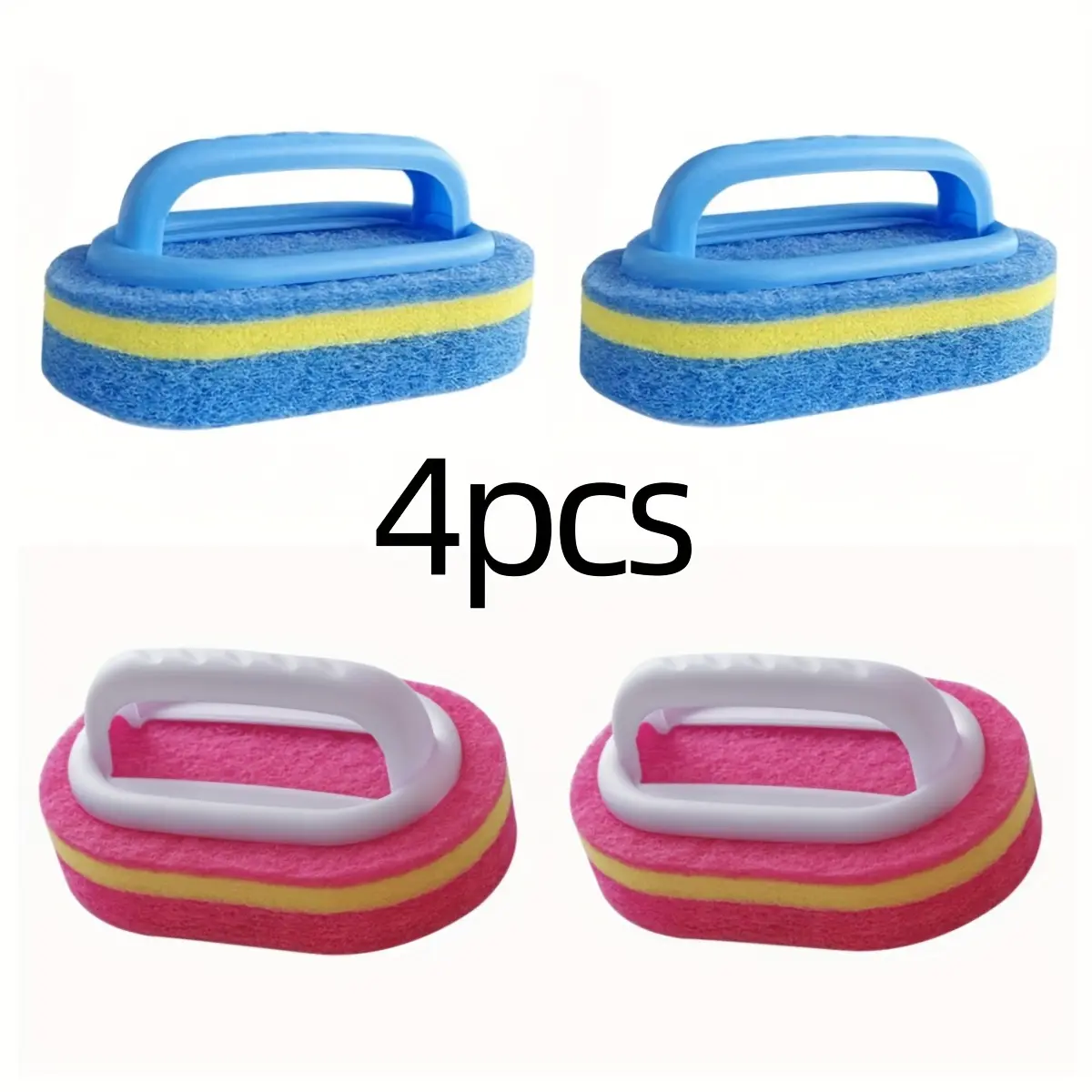[Blue + Pink Sponges] 4pcs Thickened Cleaning Brush Sponges Set |   Blue + Pink, with Handles for Kitchen, Bathroom, Tile, Pot, Sink