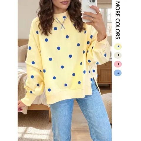 Women's Polka Dot Colorblock Long Sleeve Sweatshirt - Loose Oversized Round Neck Batwing Sleeve Casual Comfortable Sporty Pullover, Everyday Tops for Women's Clothes