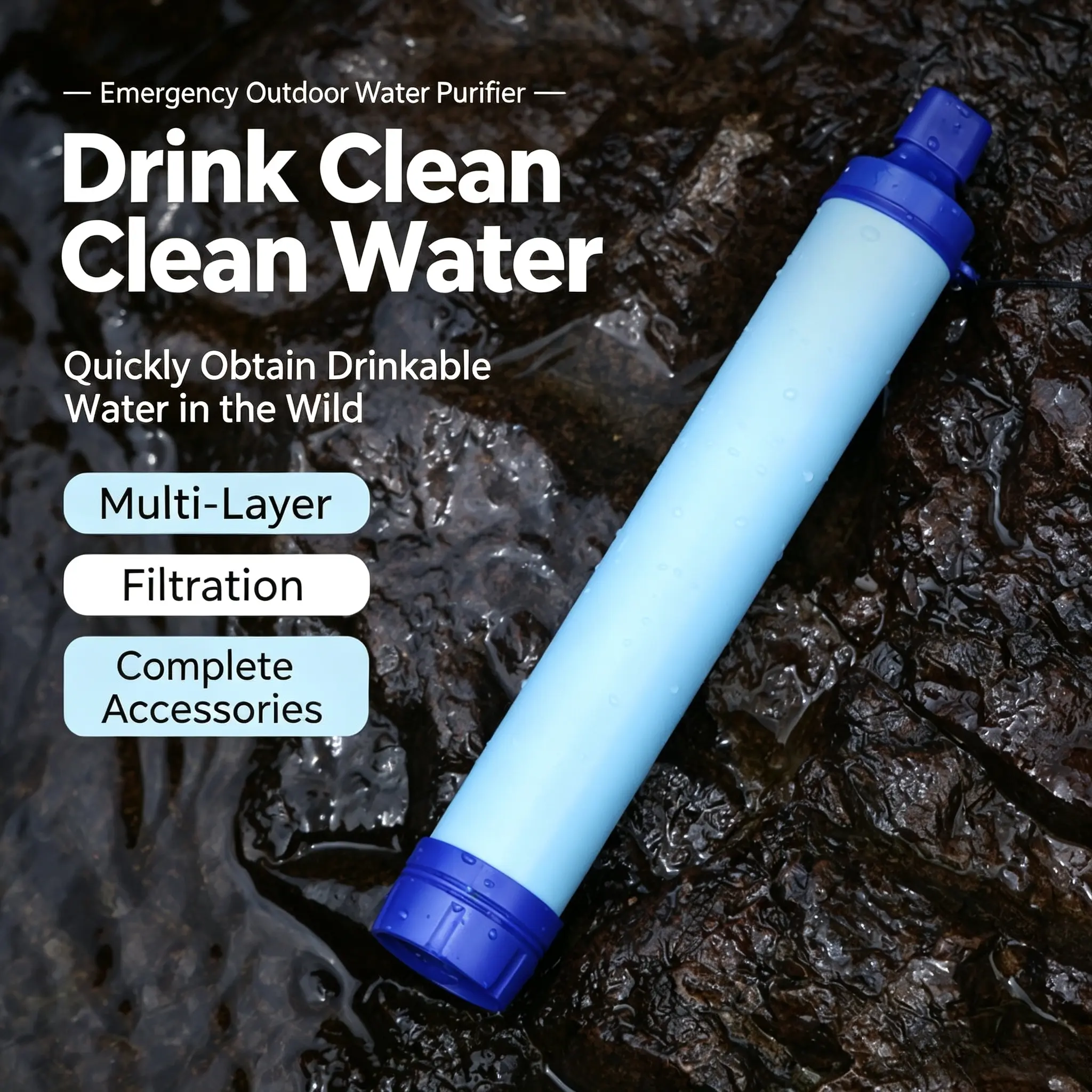 Portable Water Filter Straw with Multi-Layer Filtration for Outdoor Sports & Emergency Survival - 1500L Capacity, BPA-Free, Universal Fit & Backflush Clean System