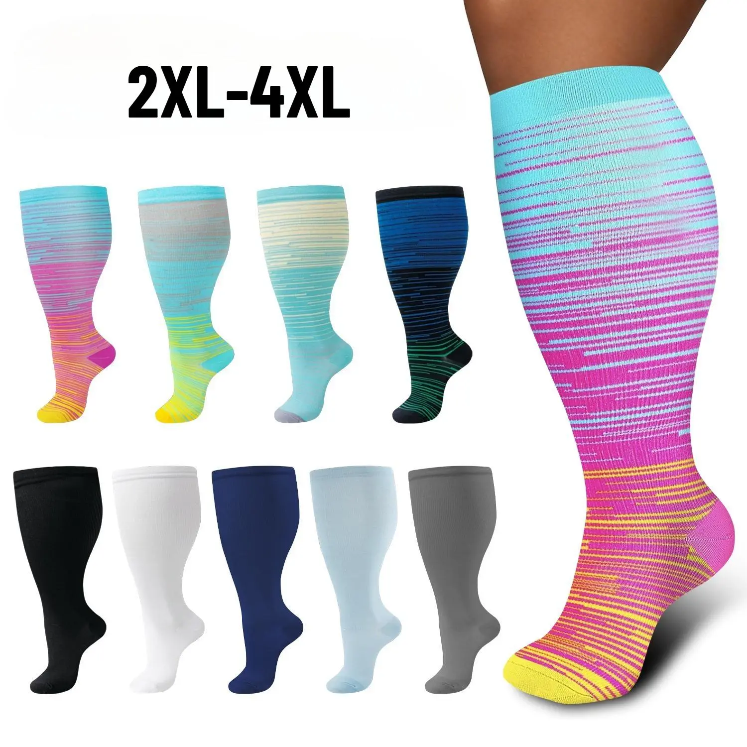 Plus Size Knee High Compression Socks, Unisex, Wide Calf Knee High Support Socks, Suitable for Running, Nurses (Long Standing), Pregnancy, Travel, Promotes Blood Circulation, Anti-Slip & Breathable ankle athletic