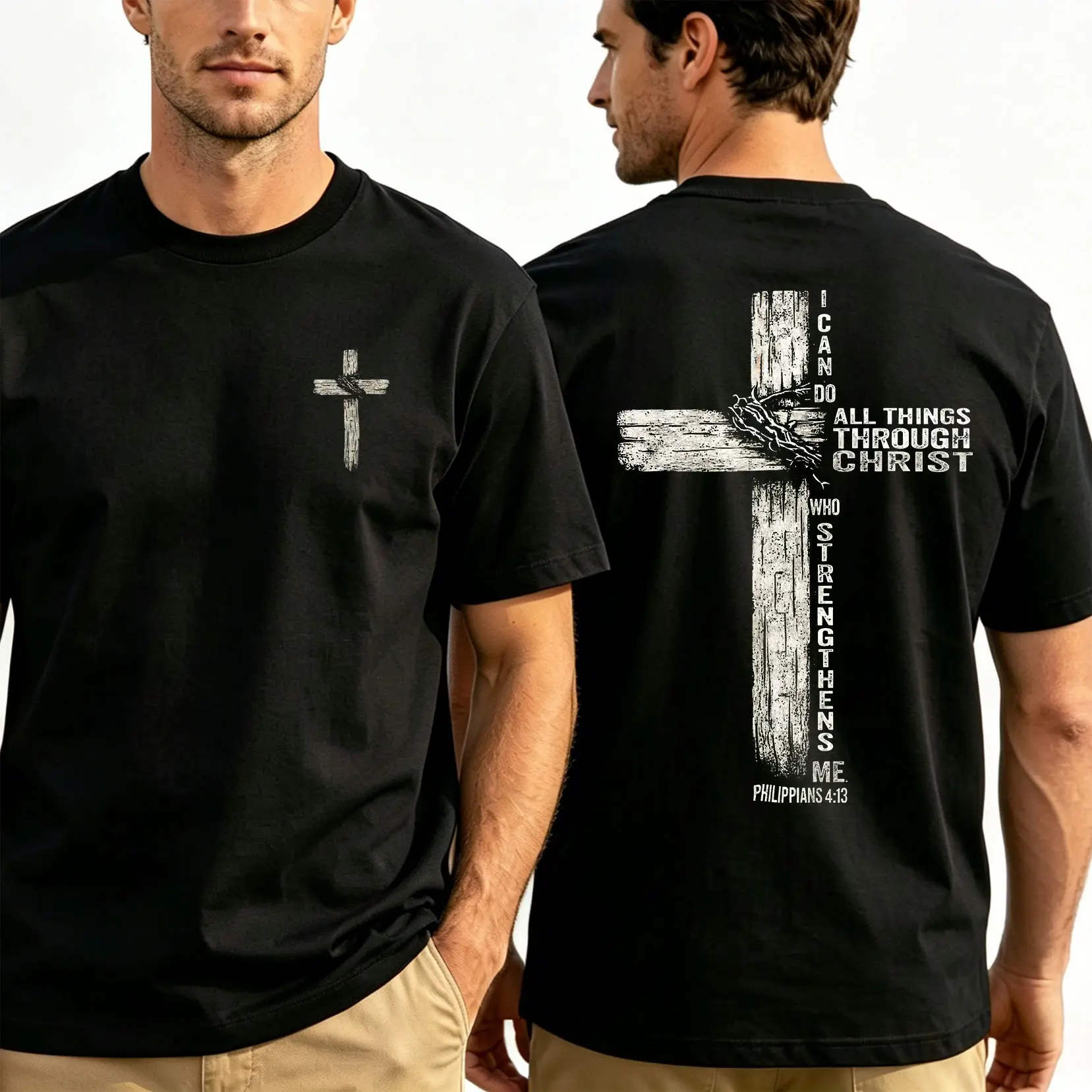 Double Sided Faith Quote Washed T-Shirt – Philippians 4:13 Christian Cross Graphic Tee
