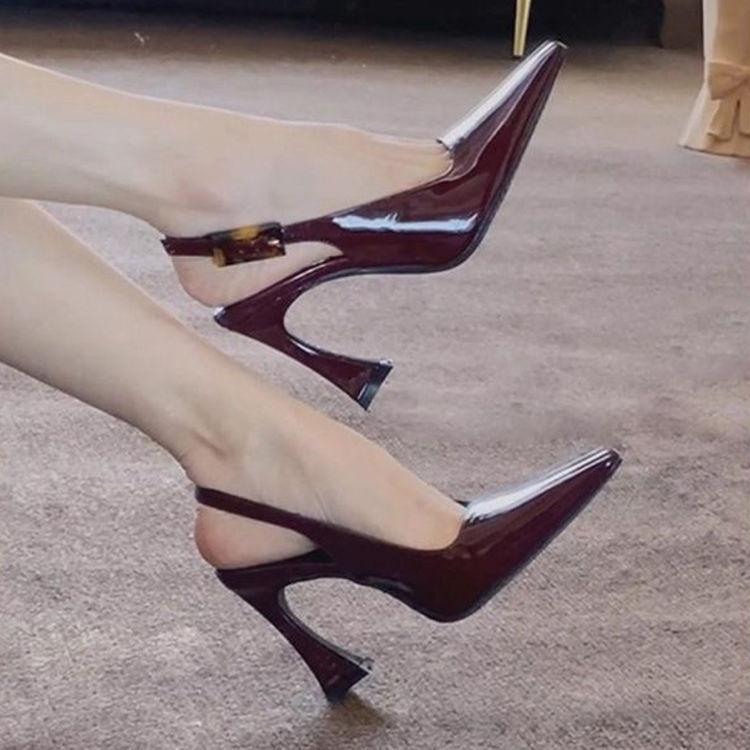 Shallow Cut Buckle Burgundy High Heeled Shoes Feminine Sexy Stiletto Heels Comfortable Back Strap Sandals for Women