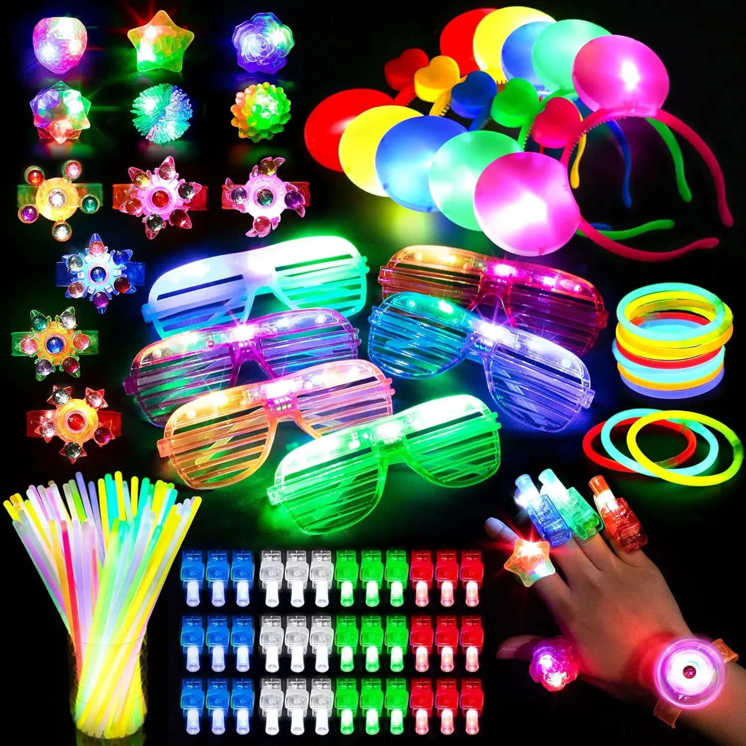Glow in the Dark Party Supplies for Kids, Light Up Party Favors With Glow Sticks, Glasses, LED Bracelet, Finger Lights, Ring, Headbands, Neon Toys Bulk Party Pack for Birthday, July 4th, Raves