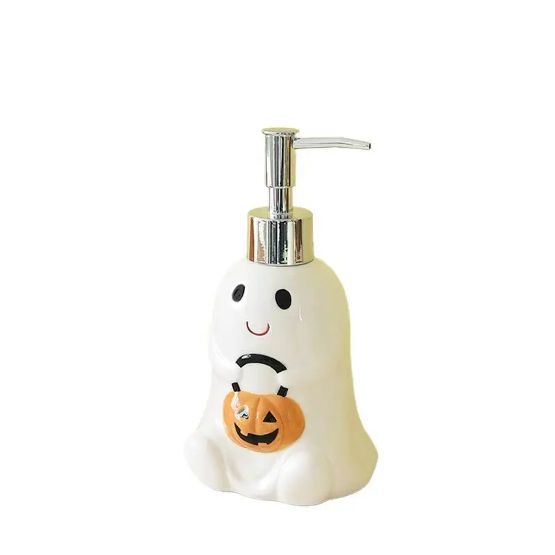 1pc Halloween Ceramic Soap Dispenser, Cute Ghost and Pumpkin Shaped Liquid Hand Soap Pump Bottle, Spooky Lotion Dispenser for Bathroom Vanity and Kitchen Sink Decor
