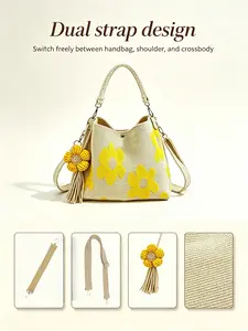 Women's Floral Handbag, Soft Texture, Peach Base with Flower Embroidery, Dual Wide Straps, Magnetic Closure, Perfect for Daily Use