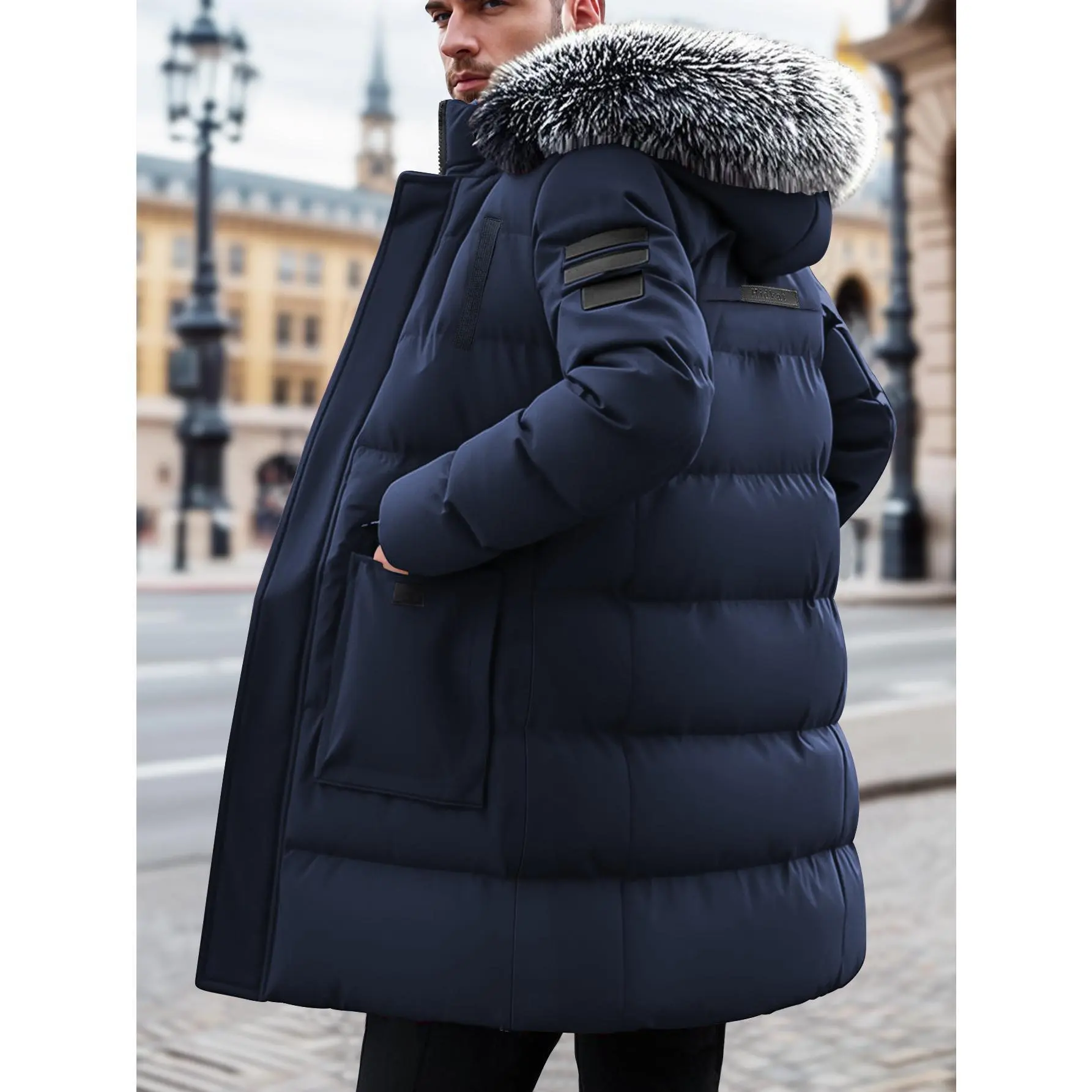 Men's Heavyweight Insulated Winter Parka - Longline Water-Resistant Coat with Detachable Faux Fur Hood, Spacious Pockets, Cold Weather Outerwear for Skiing, Commuting