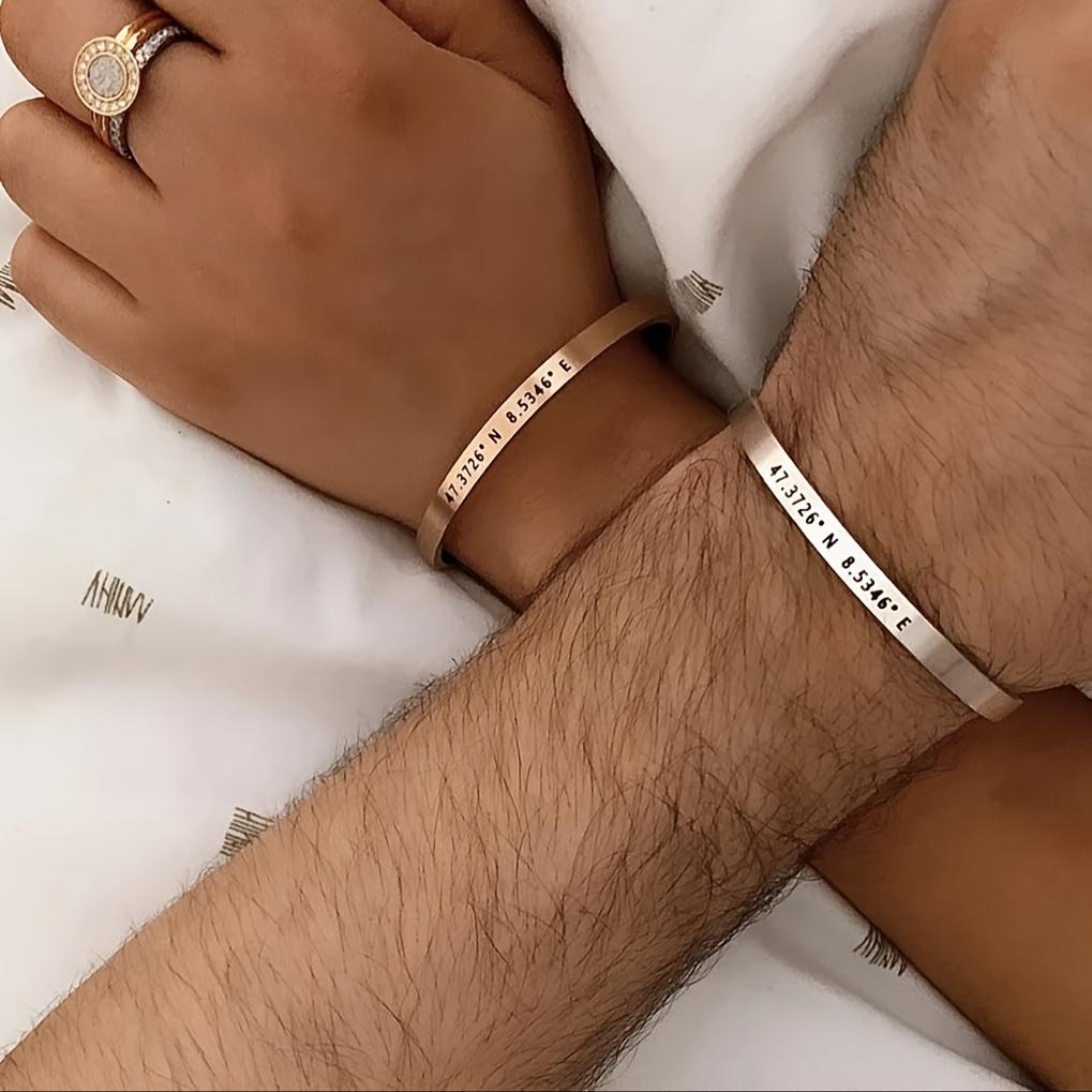 1pc Men's 5mm Wide Bracelet Customizable with Coordinates, Name, Text, Phrase, Letter, Symbol, Date.Double-Sided Personalization Available.Stainless Steel Brushed Matte Cuff Bracelet in Golden, Silvery, Black, Rose Golden.Men's Bracelet.Father's