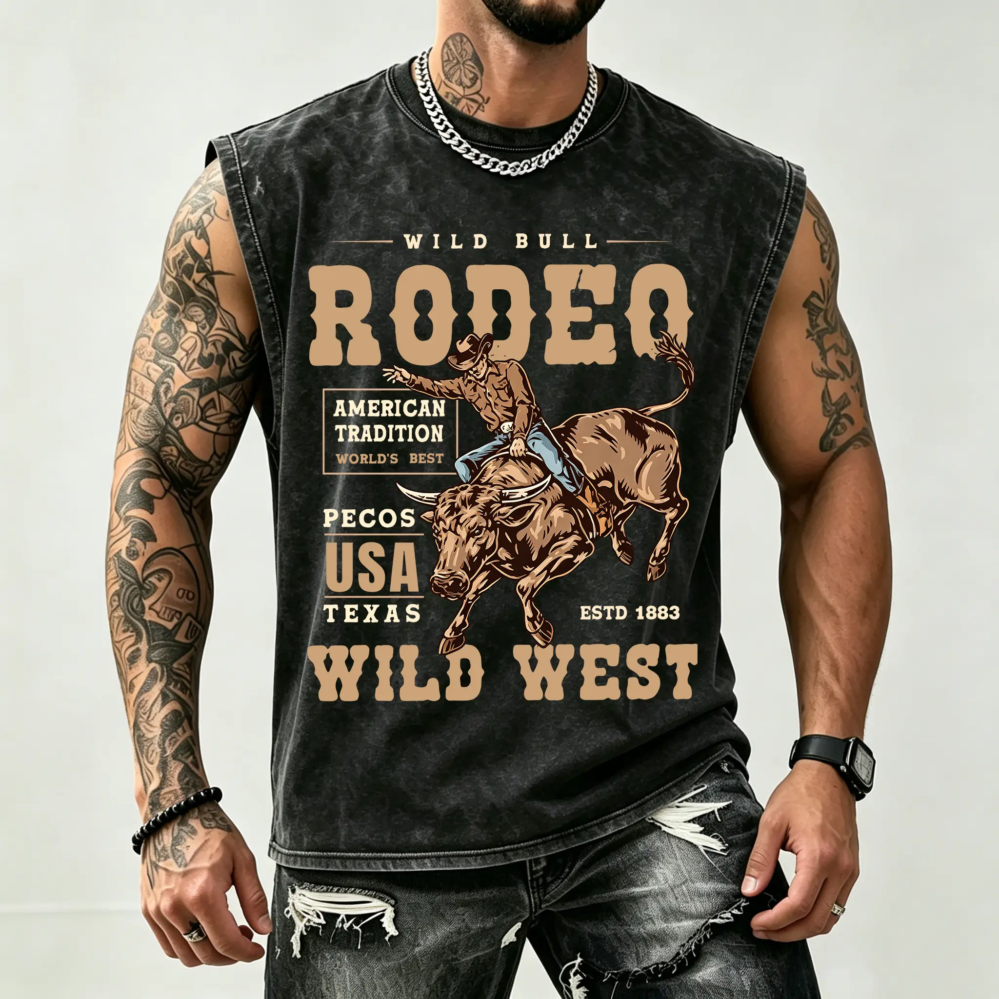 Vintage Washed Men’s 100% Cotton Sleeveless Tank Top, Wild Bull Rodeo Wild West Texas USA Western Cowboy Graphic Muscle Vest, Distressed Retro Cut Off Sleeveless T-Shirt, Soft Breathable Loose Fit Country Western Streetwear, Ideal Gift For Boyfriend Husba
