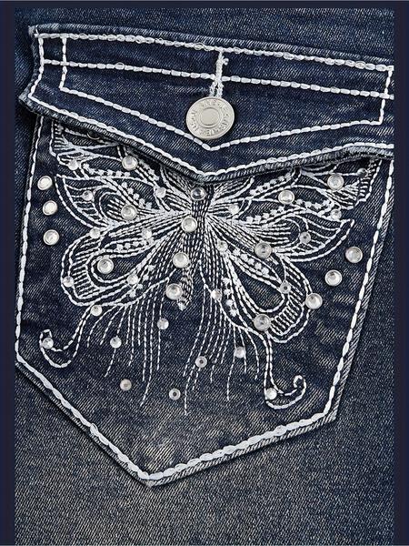 Women's Elegant Fitted Denim Jeans, Hand Embroidered Back Pockets, Rhinestone Detailing, Comfortable Stretchy Washed Look