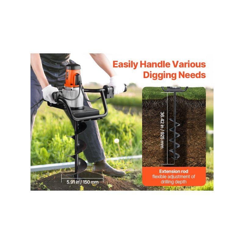 VEVOR Electric Post Hole Digger, 5.71 in Auger Bit with 1500W Powerful Motor, 140 RPM Alloy Steel Earth Auger Drill Bit with 10.24 in Extension Rod, for Post Hole Digging, Drilling Tree Planting