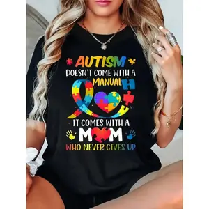 Women's Autism Awareness Short-Sleeve Round-Neck T-Shirt - Streetwear Style Sports Top, Supportive Message, Vibrant Typography, Breathable Fabric, Relaxed Fit, Summer Clothes