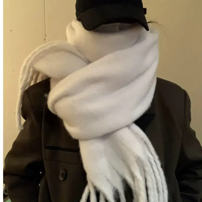 Women's Unisex Plain Winter Scarf - Thick Fleece Plush Cashmere-Feel Shawl Wrap, Japanese Retro Long Fringed Neck Warmer, Fuzzy Mohair Pashmina for Cold Weather Outdoor Sports & Outdoor Use