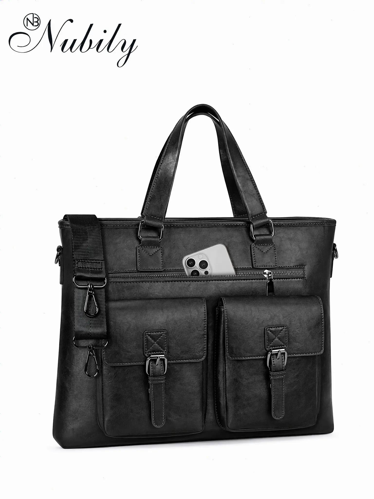 Men's Vintage Faux Leather Briefcase, 15.6 Inch Laptop Messenger Bag, Water Resistant, Multi Pocket, Detachable Shoulder Strap