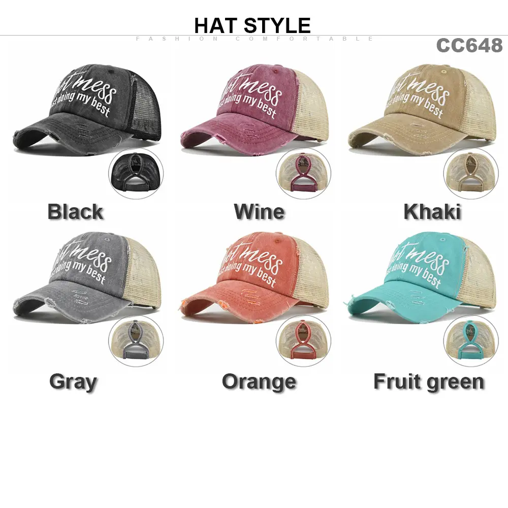 Messy Bun Ponytail Baseball Cap for Women Distressed Trucker Hat High Ponytail Mesh Back Sun Hats Washed Denim Criss Cross Adjustable Ponycap Aesthetic Summer Outdoor Sports Casual Headwear Gift