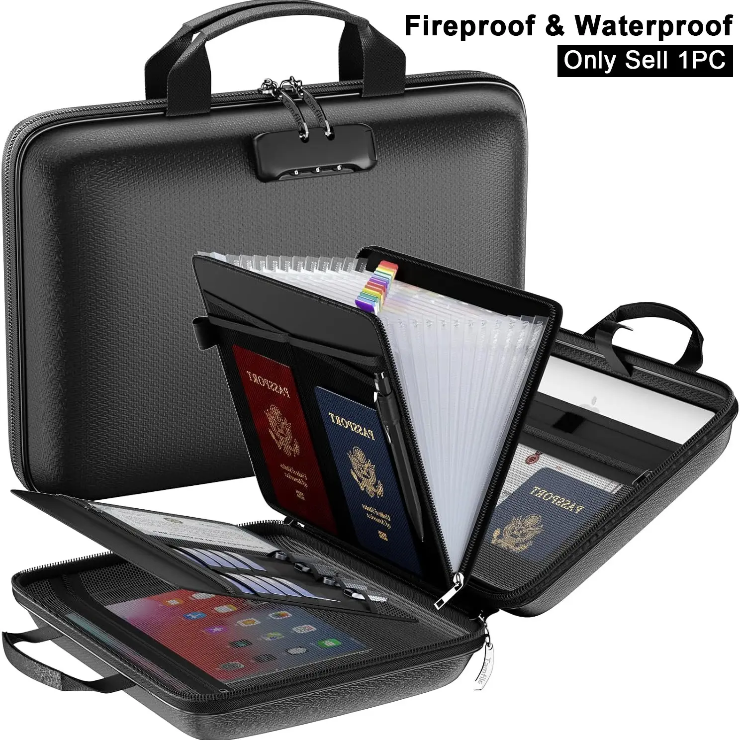Fireproof Document Box with Lock, Hard-Shell File Organizer with 13-Pocket Accordion Folder, Waterproof Portable Document Storage Case for Important Papers, Passports, Laptop, Cash, Home Office Travel, Black