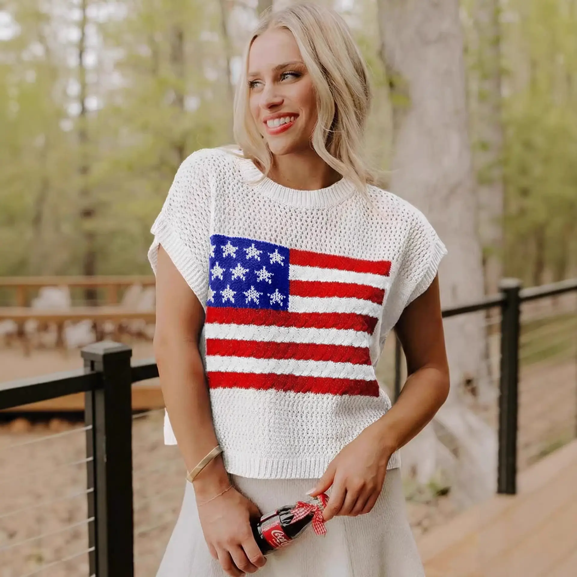 4th of July Women's American Flag Crochet Knit Top |     Patriotic Short Sleeve Mesh Sweater |     Cute Summer Country Festival Outfit