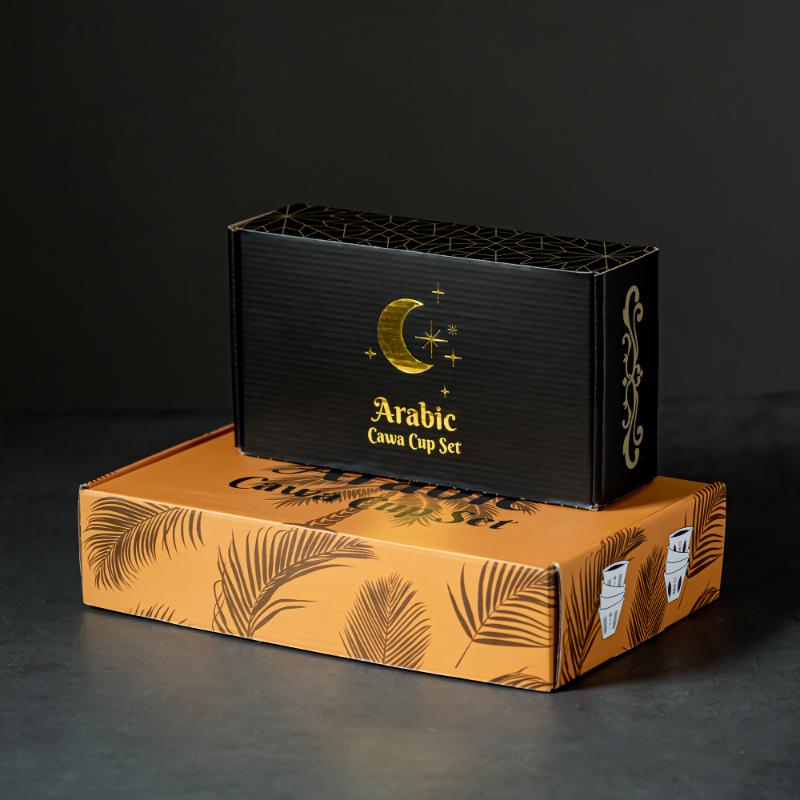 6/12pcs Ceramic Arabic Cawa Cups Set with Gift Box, Eid al-Adha Gahwa Espresso Shot Cups, Palm Tree/Tulip Design Coffee Cups