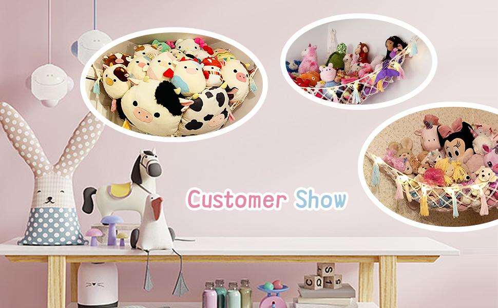 Stuffed Animal Net or Hammock with Light, Macrame Hanging Net Hammock for Stuffed Animal Toy Storage Organizer Boho Decor Room Holder for Nursery Play Room Bedroom (Black(55"*55"*72"))