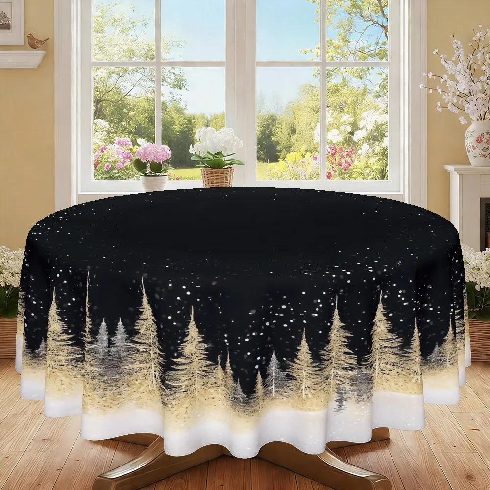 Christmas Abstract Forest Starry Night Round Tablecloth, Furniture Protector, Party Decor, Hotel Restaurant Home Use