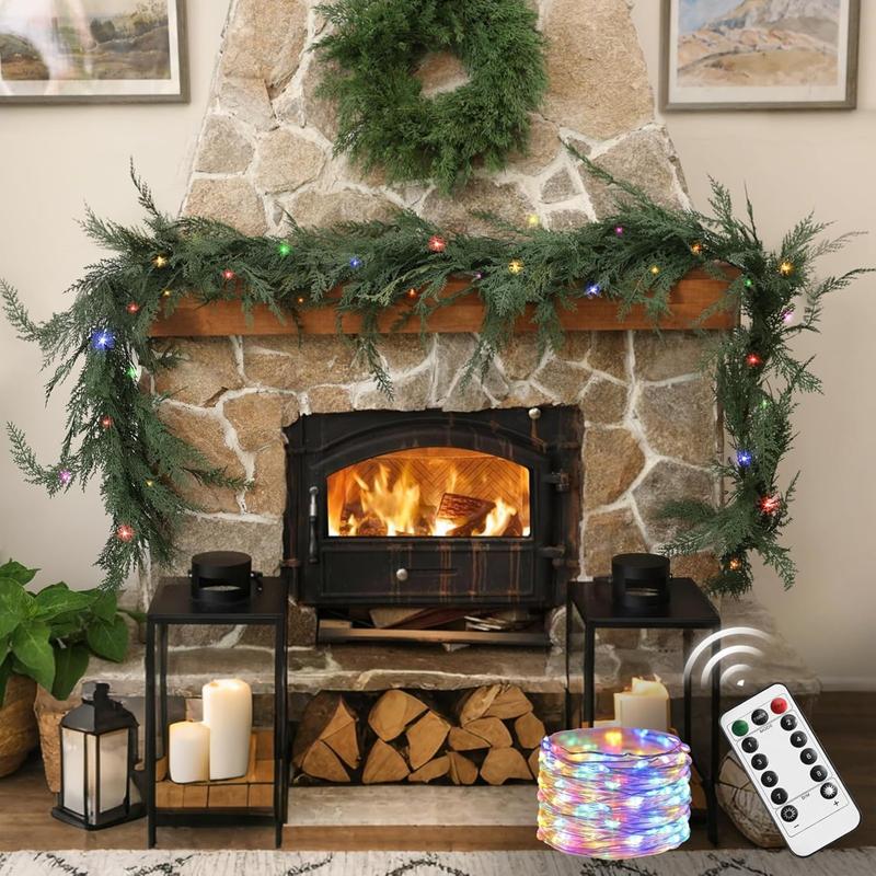 Christmas Cedar Garland Realistic with Lights - Cypress Decorations 9ft for Mantle Lighted Faux Pine Garlands for Xmas Home Decoration Indoor Stairs Railing Fireplace 9 Ft Outdoor Prelit Door Decor