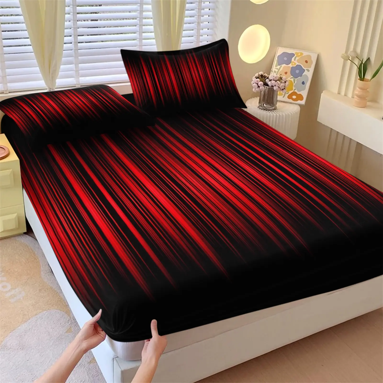 Red Gradient Vertical Speed Line Print Fitted Sheet Set 3 Piece with 2 Pillowcases, Dark Aesthetic Bedding All Size, Red Vertical Stripe Bed Set, Gaming Room Decor Non-slip Mattress Protector, Gaming Lover Gift, Printed Bedding Set