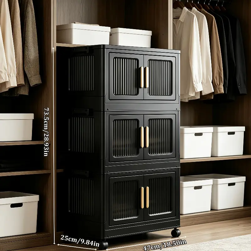 Stackable wardrobe storage cabinet, 3/4/5 layers black large capacity movable storage cabinet, double door storage box, space saving wardrobe with lid and door, Bedroom storage unit, suitable for living room, office, bedroom cloakroom storage