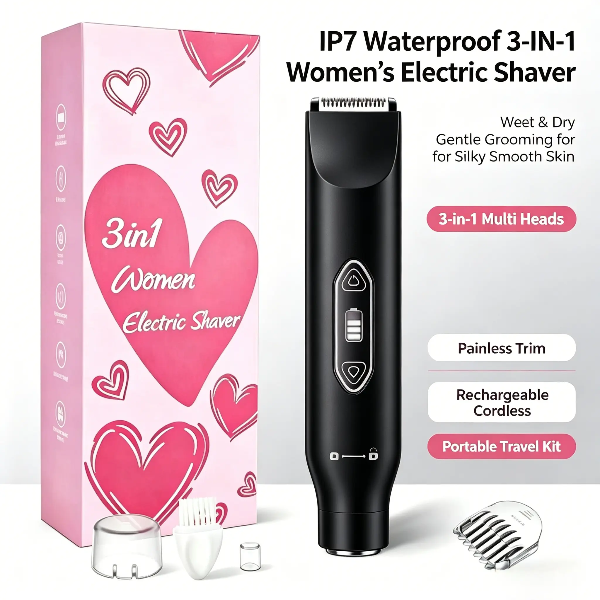 Matte Black 3 in 1 Women Electric Shaver IP7 Waterproof Rechargeable Cordless Bikini Body Hair Trimmer, Painless Underarm Leg Pubic Eyebrow Hair Removal Grooming Kit, Portable Travel Wet & Dry Lady Shaver for Silky Smooth Skin