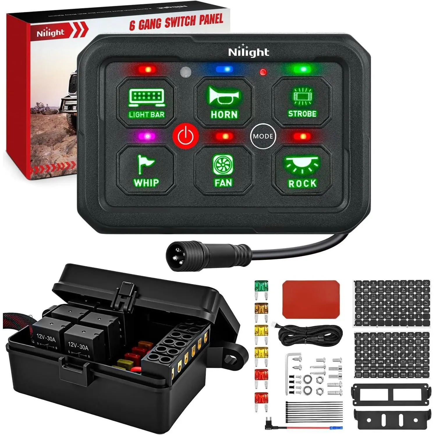 Nilight Compact 6-Gang Backlighted Switch Panel with Green Circuit Control Relay System, Fuse Wiring Harness, Toggle On/Off, Momentary, Strobe Flash Modes, Automatic Dimmable, Memory Mode, 12-24V DC for Car, Camper