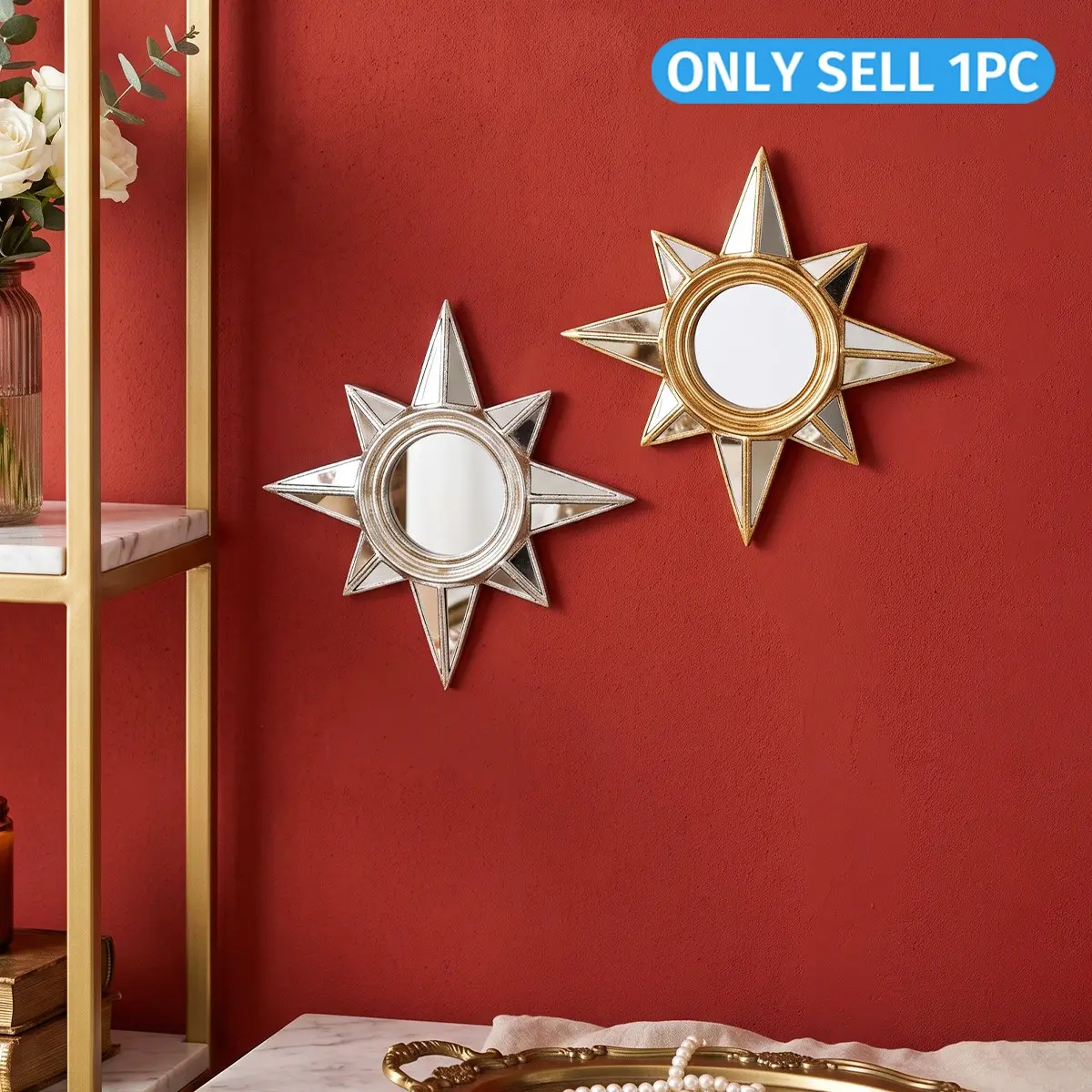 French Octagonal Star Resin Wall Mirror, Silver Color Artistic Design, Light Luxury Decor, Suitable for Entryway Bedroom Living Room