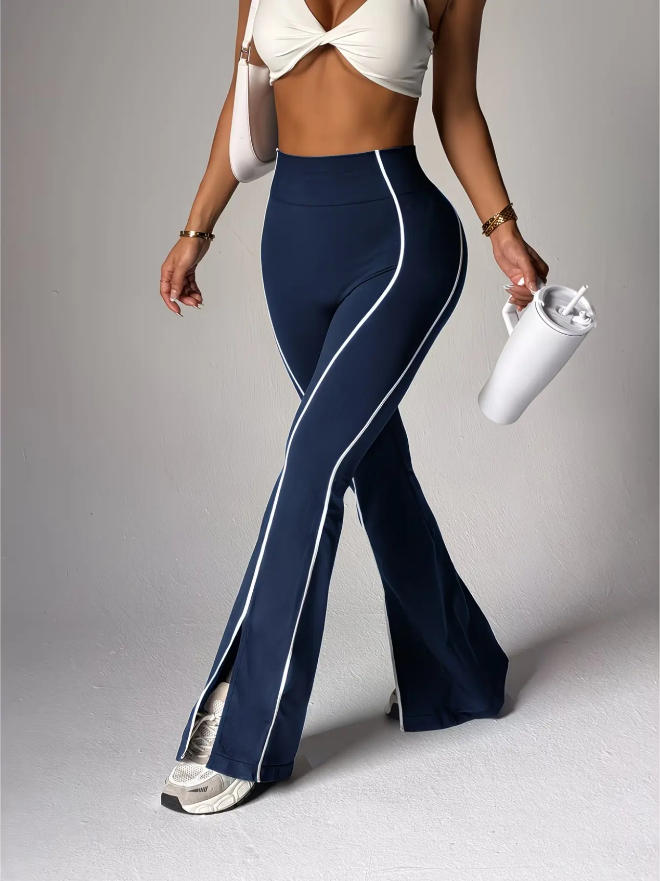 Women's High Waist Striped Flare Pants, Tummy Control Butt Lifting Elastic Pants, Casual Slim Fit Flare Pants, Gym Workout Clothes, Wide Leg Micro Flare Pants