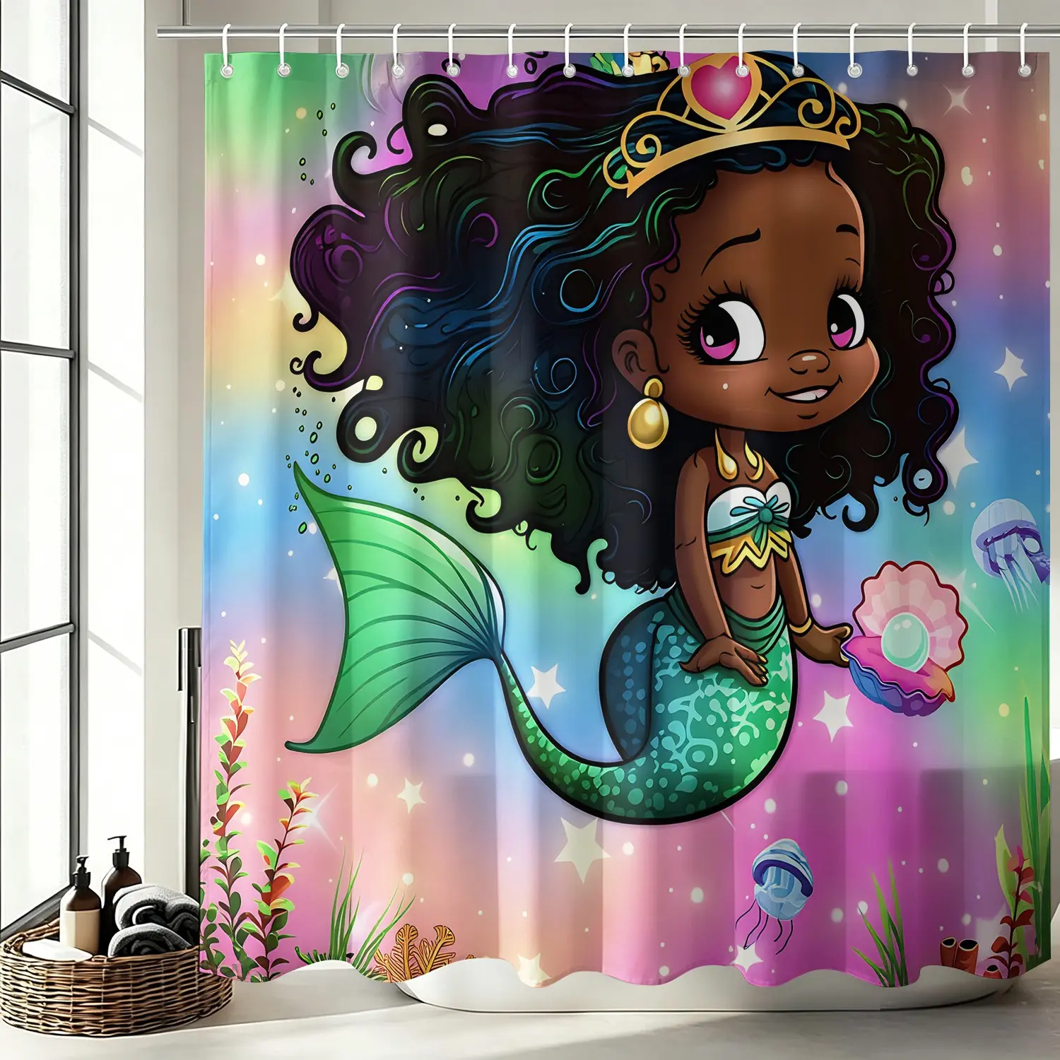 1Pc Cute African American Little Mermaid Princess Waterproof Shower Curtain, Rainbow Gradient Underwater Ocean Themed Bathroom Decor with Hooks, Quick Dry Machine Washable Cartoon Girly Kids Style Bath Accessory 72x72Inch