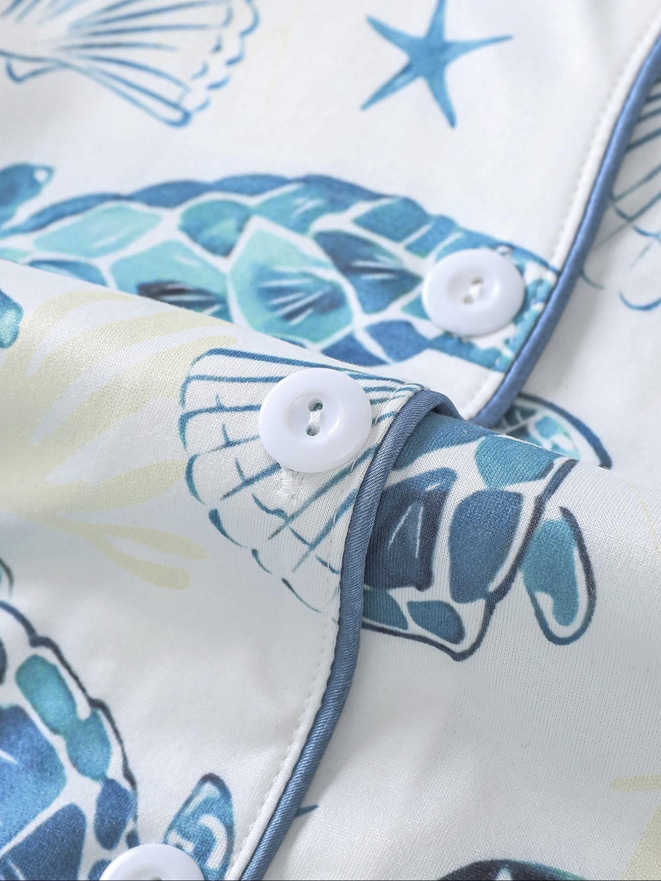 Kids Cartoon Star Turtle Print Pajama Two-piece Set, Cute Comfy Short Sleeve Lapel Neck Pj Set, Kids Sleepwear for All Seasons, Sleepwear Pajamas