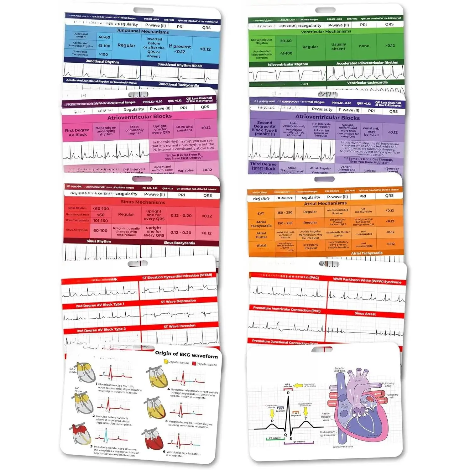 3"x4" High-Quality Print 5-Card Double Sided ECG Interpretation Badge Set - ECG Rhythm Aid, Registered Techs Accessory, Nurse Telemetry Strips, ACLS Cardiac Reference Cheat Sheet with Bonus Card