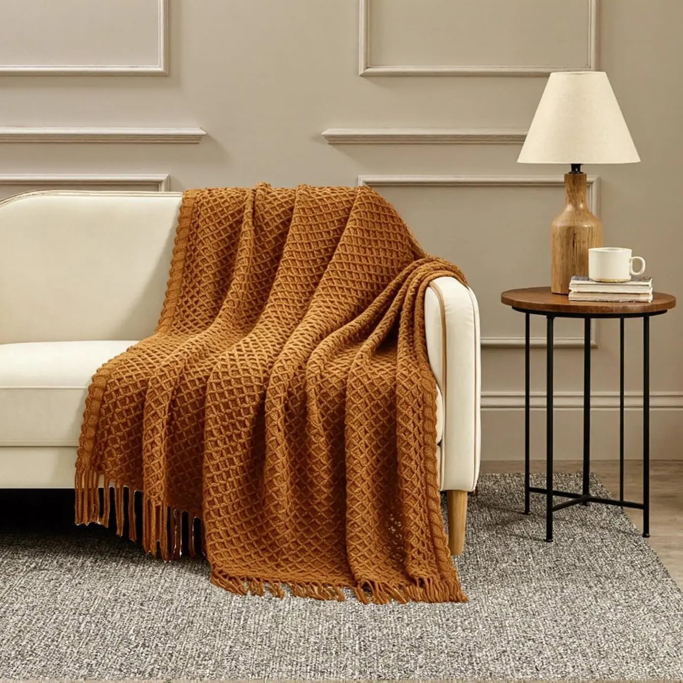 CREVENT Knitted Blanket Soft Throw Blanket 3D Diamond Pattern, Bohemian Style, Suitable for Sofa Chair Bed Home Decor, All Seasons Use, Blanket for Couch