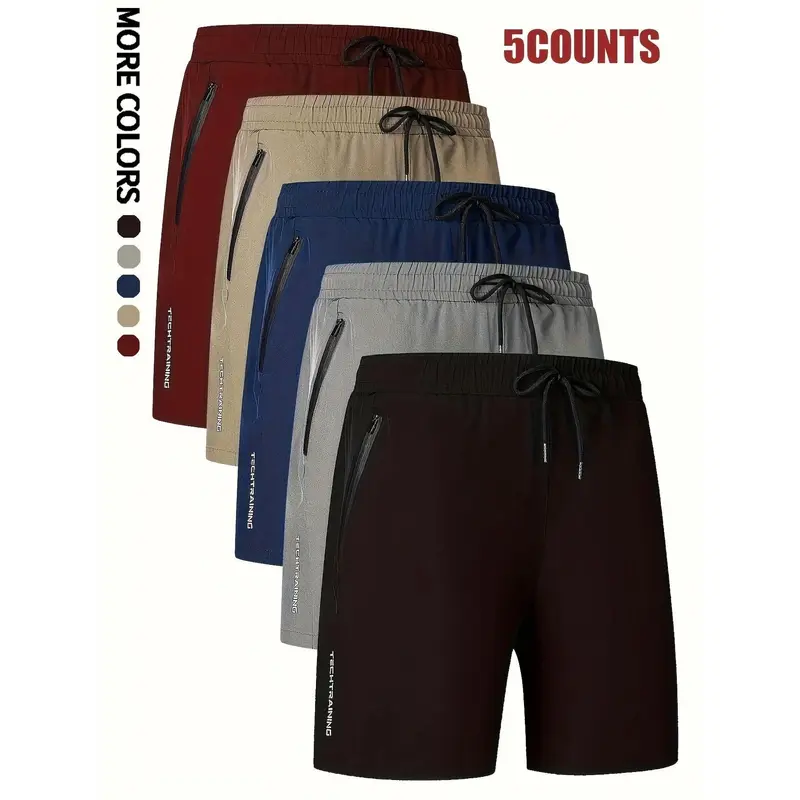Men’s 5-Pack Solid Polyester Quick-Dry Lightweight Active Athletic Shorts - Elastic Drawstring, Side Zip Pockets, Stay-Dry Training Bottoms for Hot Weather Gym, Running